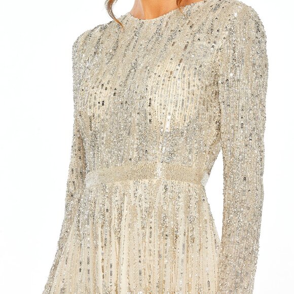 Mac Duggal Nude Silver Long Sleeve Embellished Cocktail Dress - Picture 3 of 3